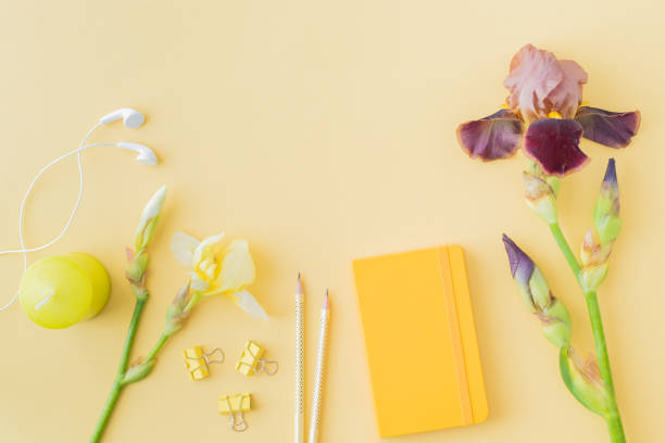 istock Flat lay blogger or freelancer workspace with a notebook, yellow and brown irises on a yellow background 1157417607