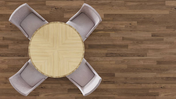 istock Small Circular Wooden Table with Empty Linen Chairs 1157424309