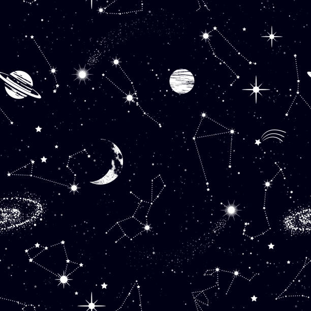 Space seamless pattern with zodiac constellations, galaxy, stars, planets in outer space. Texture for wallpapers, fabric, wrap, web page backgrounds, vector illustration Space seamless pattern with zodiac constellations, galaxy, stars, planets in outer space. Texture for wallpapers, fabric, wrap, web page backgrounds, vector illustration cancer astrology sign stock illustrations