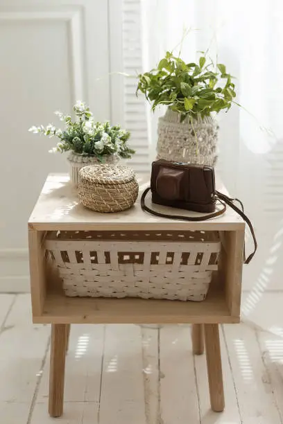 Home interior decoration with green small plant pots, basket and photocamera case on a wooden table. Cozy interior concept