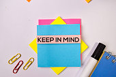 Keep in Mind on sticky notes isolated on white background.
