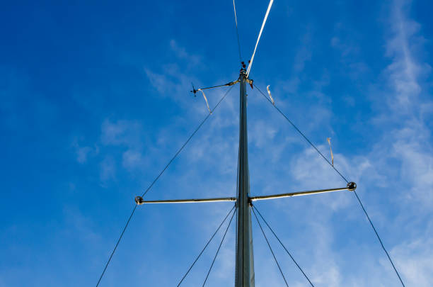 The mast of a yacht without sails. Bottom view. Blue sky. Photo.