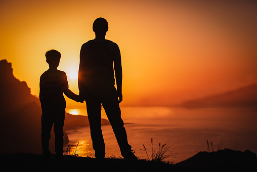 silhouette of happy father and son holding hands in sunset nature
