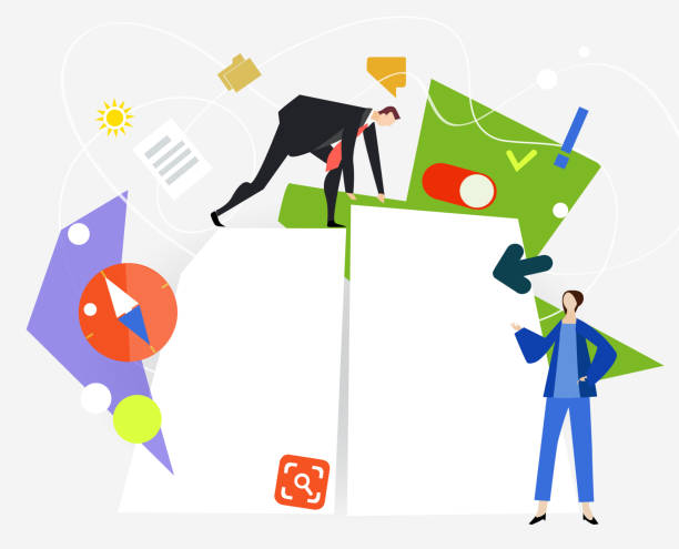 istock People, colleagues holding a bid banner with space for your text. Business background with icons and symbols 1157431559