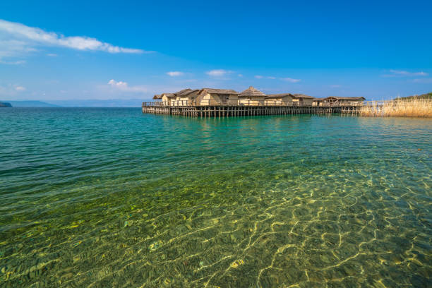 Ohrid, Macedonia -  April 2019 :  Bay of the bones, Museum on water, authentic reconstruction of the pile dwelling settlement, Ohrid, Republic of Macedonia