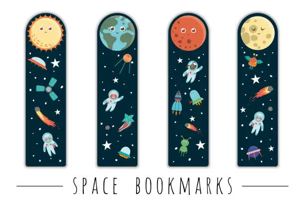 Vector illustration of Vector set of bookmarks for children with outer space theme. Cute smiling planets, astronaut, spaceship, rocket, alien on dark blue background. Vertical layout card templates. Stationery for kids.