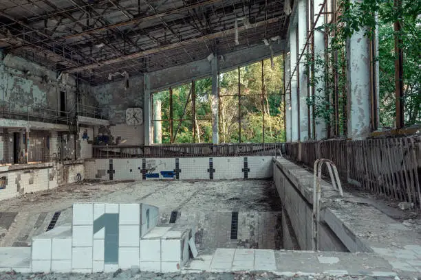 Former swimming pool in Pripyat, the ghost town in the Chernobyl Exclusion Zone