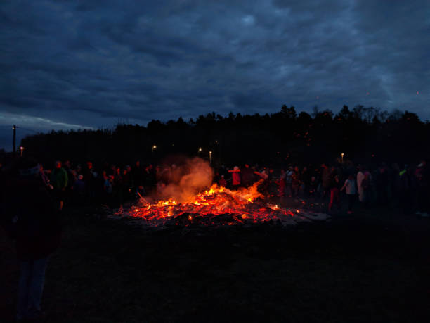 Large bonfire surrounded by people next to a forest stock photo