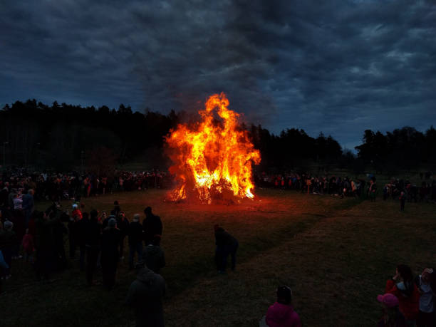 istock Large bonfire surrounded by people next to a forest 1157442716