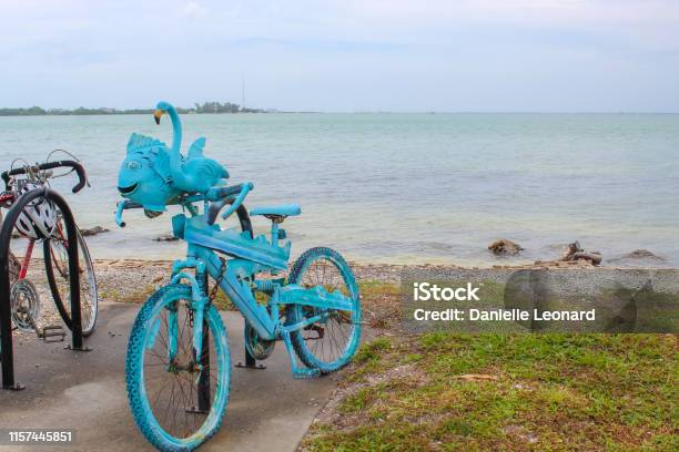 Blue Bike At Bird Key Car Park Sarasota Florida Stock Photo - Download Image Now - Art, Sarasota, Beach