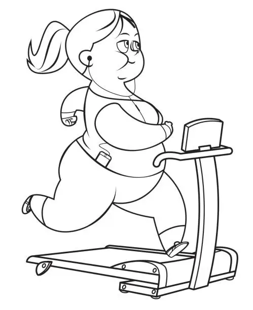 Vector illustration of Overweight woman running on a treadmill