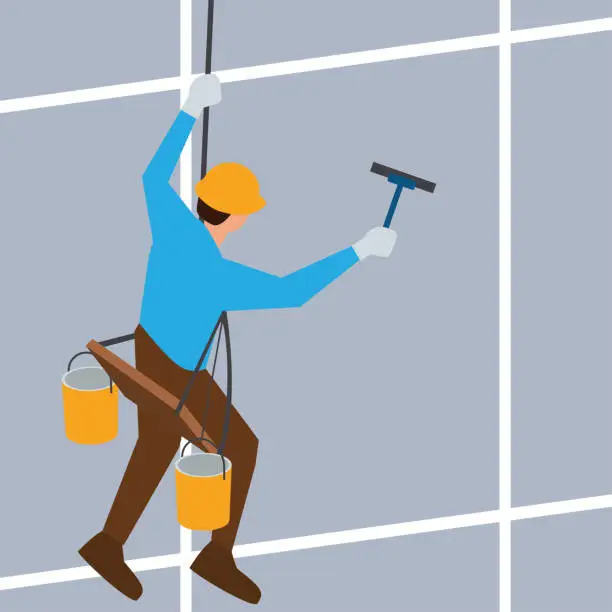 Vector illustration of glass cleaner of steeplejack washing a skyscraper windows