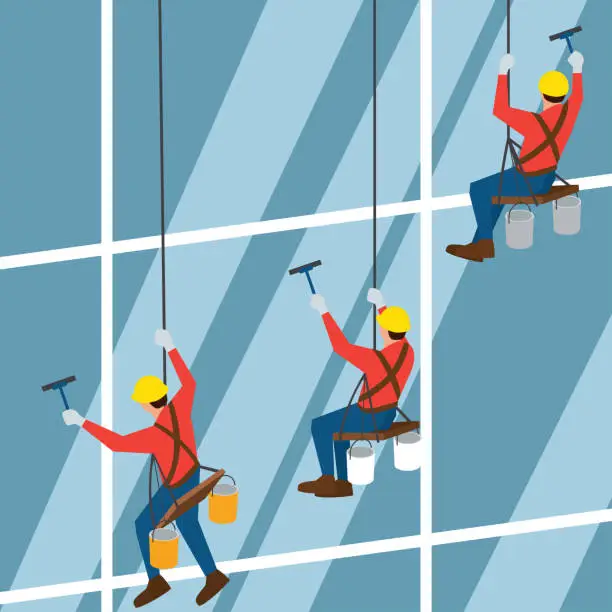 Vector illustration of glass cleaner of steeplejack washing a skyscraper windows