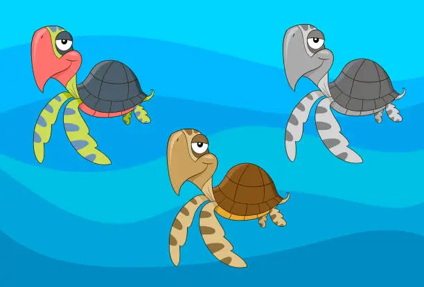 Vector illustration of Cartoon turtle in three versions of color with separate background