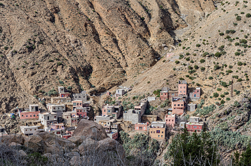 Moroccan village lost in a valley in the middle of the high Atlas mountains in the vicinity of Marrakesh. Morocco.