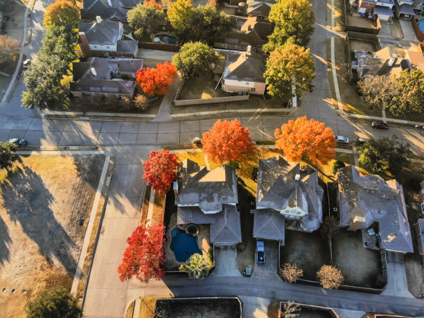 istock Top view typical park side houses with light snow covered roof in cold fall morning 1157459990