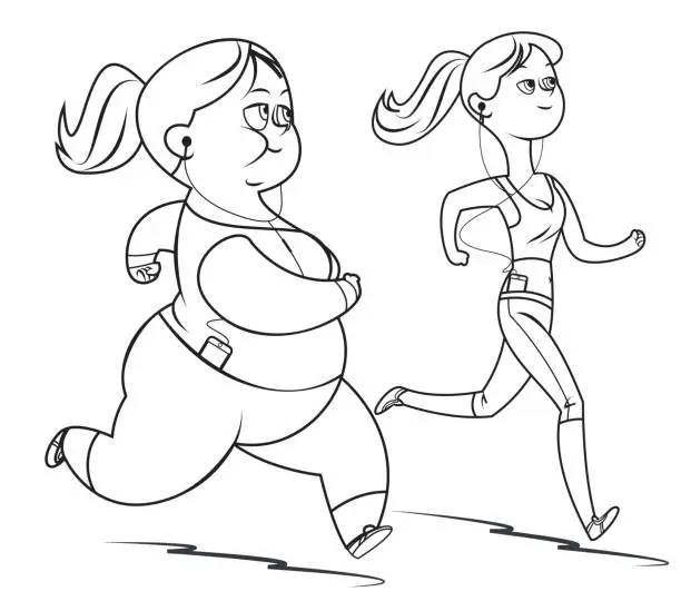 Vector illustration of Fat woman and thin woman  jogging