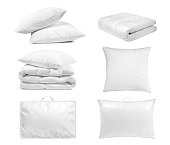 White bedroom textile items set isolated.
