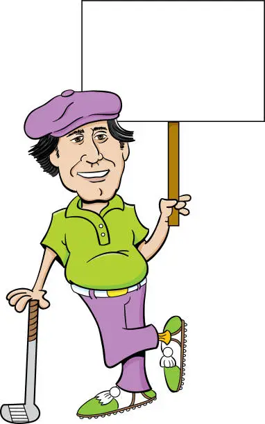 Vector illustration of Cartoon golfer leaning on a golf club and holding a sign.