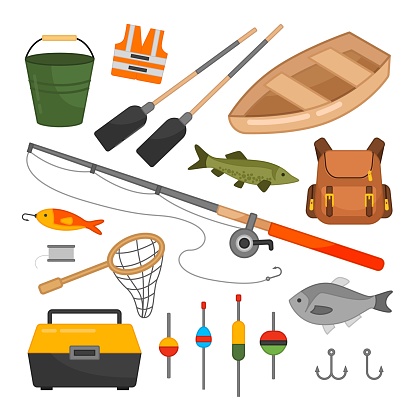 Vector set of equipment for fishing. Cartoon illustration of a boat, fishing rods, floats and other devices for fishing