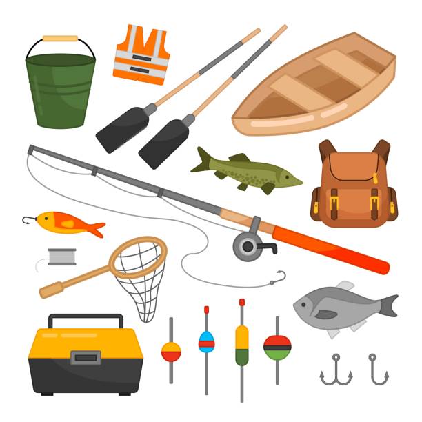 Vector set of equipment for fishing. Vector set of equipment for fishing. Cartoon illustration of a boat, fishing rods, floats and other devices for fishing fishing tackle stock illustrations