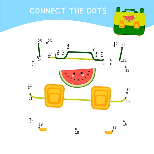 Educational game for kids. Educational game for kids. Dot to dot game for children. Cartoon backpack. kindergarten portfolio stock illustrations