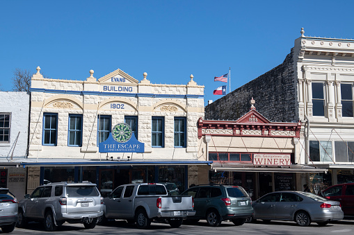 Georgetown, USA - March 13, 2019. Facade of historic store buildings in downtown of Georgetown, Texas.