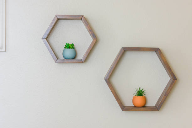 istock Hexagon floating wooden shelves 1157466482