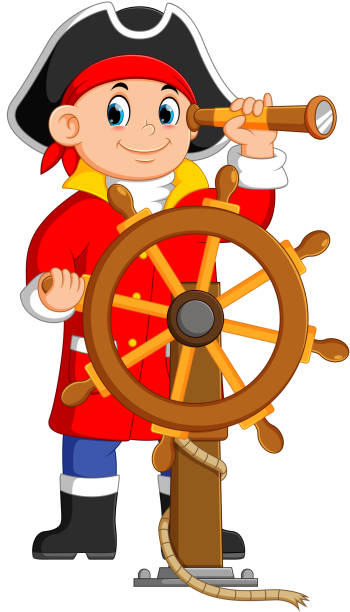 illustrazioni stock, clip art, cartoni animati e icone di tendenza di i pirati sta tenendo il binocolo e lo sterzo della nave - wading child water sport clothing