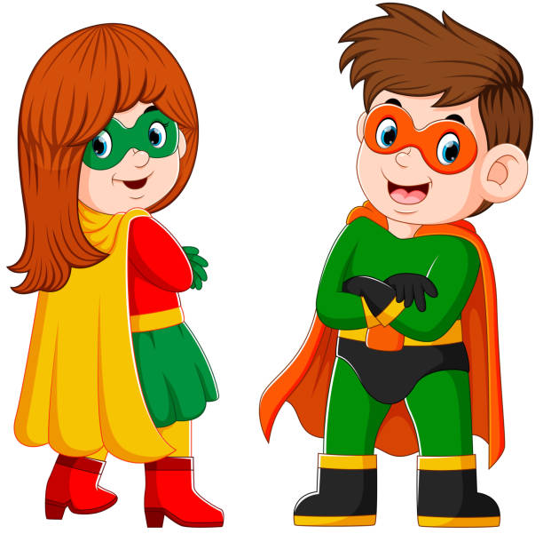 The Boy And The Girl Is Using The Superheroes Costume And The Mask Stock  Illustration - Download Image Now - iStock