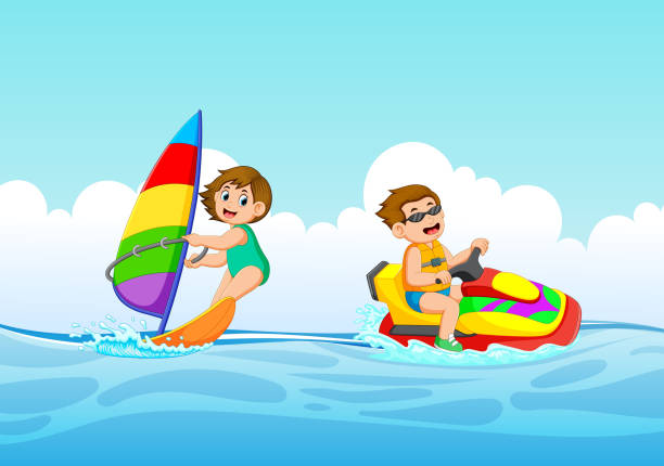 the boy and the girl are playing with the jet ski and Sailing boat illustration of the boy and the girl are playing with the jet ski and Sailing boat dhow stock illustrations