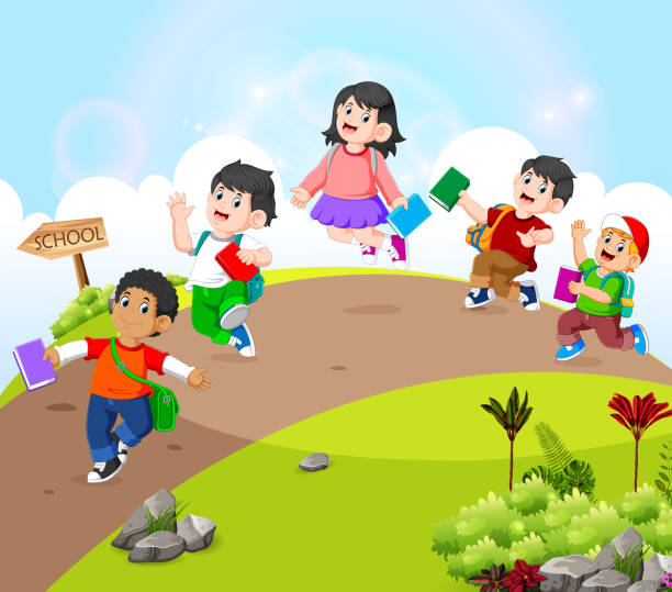 ilustrações de stock, clip art, desenhos animados e ícones de the children are walking on the road go to school - humor book fun human age