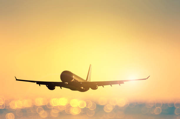 istock Airplane flying over blur tropical beach and sunset sky abstract background. Copy space of business summer vacation and travel adventure concept. Vintage tone filter effect color style. 1157475181