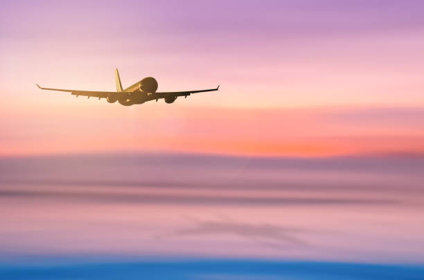 istock Airplane flying over blur tropical beach and sunset sky abstract background. Copy space of business summer vacation and travel adventure concept. Vintage tone filter effect color style. 1157475205