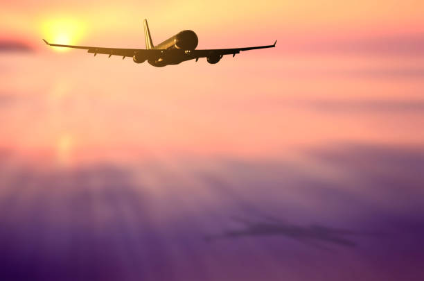 Airplane flying over blur tropical beach and sunset sky abstract background. Copy space of business summer vacation and travel adventure concept. Vintage tone filter effect color style. avión volando sobre la playa tropical borrosa y el fondo abstracto del cielo de la puesta del sol. copie el espacio de las vacaciones de verano de negocios y el concepto de aventura de viaje. estilo de color efecto de filtro de tono vintage.