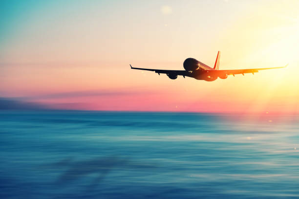 Airplane flying over blur tropical beach and sunset sky abstract background. Copy space of business summer vacation and travel adventure concept. Vintage tone filter effect color style. avión volando sobre la playa tropical borrosa y el fondo abstracto del cielo de la puesta del sol. copie el espacio de las vacaciones de verano de negocios y el concepto de aventura de viaje. estilo de color efecto de filtro de tono vintage.