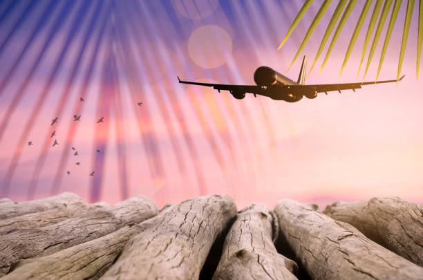 Airplane flying over tropical beach smooth wave and sunset sky abstract background. Copy space of empty old wood table business summer vacation and travel adventure concept. Vintage tone filter color.
