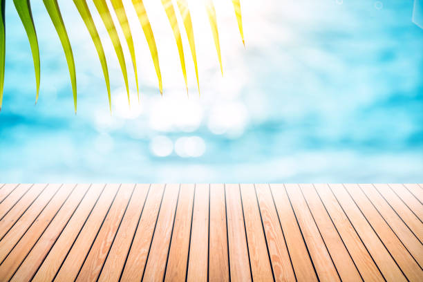 istock Blur tropical beach with bokeh sun light wave and palm tree on copy space empty old wood table abstract background. Product presentation in nature. Vintage tone filter effect color style. 1157476453