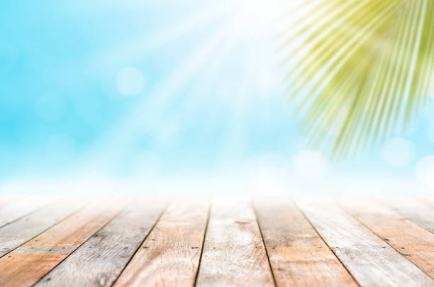 istock Blur tropical beach with bokeh sun light wave and palm tree on copy space empty old wood table abstract background. Product presentation in nature. Vintage tone filter effect color style. 1157476490