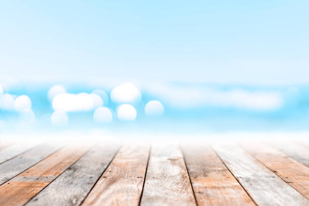 istock Blur tropical beach with bokeh sun light wave on empty old nature wood table abstract background. Product presentation in nature. Vintage tone filter color style. 1157477184