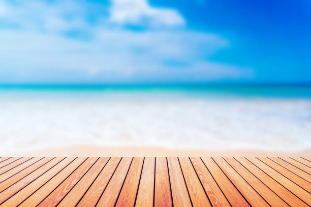 istock Blur tropical beach with bokeh sun light wave on empty old nature wood table abstract background. Product presentation in nature. Vintage tone filter color style. 1157477201