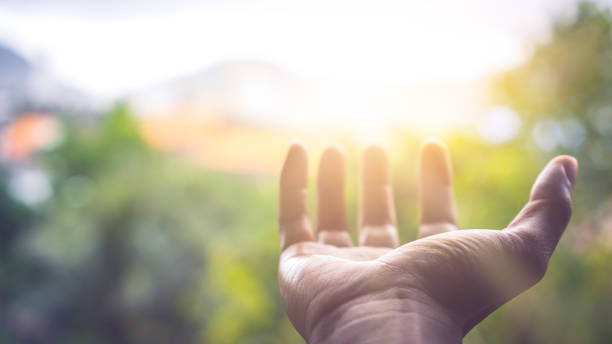 Close up man hand open with sun light on green nature bokeh and blur city abstract background. Copy space for technology business and lifestyle  concept. Vintage tone filter effect color style. Close up man hand open with sun light on green nature bokeh and blur city abstract background. Copy space for technology business and lifestyle  concept. Vintage tone filter effect color style. hand palm stock pictures, royalty-free photos & images