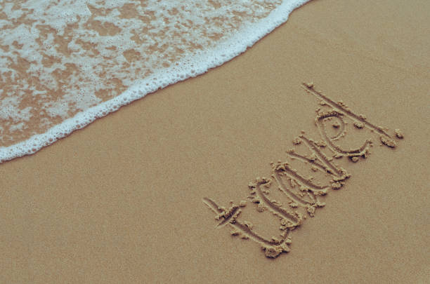 istock Copy space of travel words with smooth wave on sand beach texture background. Summer vacation and travel concept. Retro color style. 1157482656
