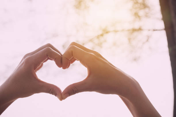 istock Female hands heart shape on nature bokeh sun light flare and blur leaf abstract background. Copy space of happy love and freedom concept. Vintage tone filter color style. 1157486236