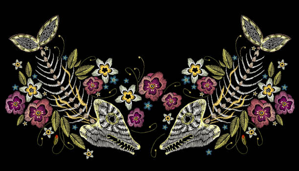 Embroidery summer flowers and skeleton of fish, sea art seamless pattern. Fashionable template for design of clothes, t-shirt design. Embroidery fish bone and flowers, gothic art background vector art illustration