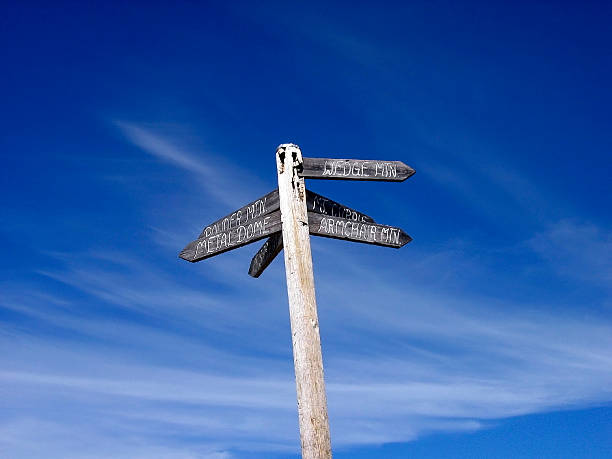 istock Signpost against a blue sky with wispy clouds. 115749650