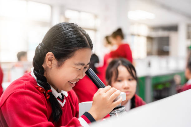 Girl examining through microscope in school