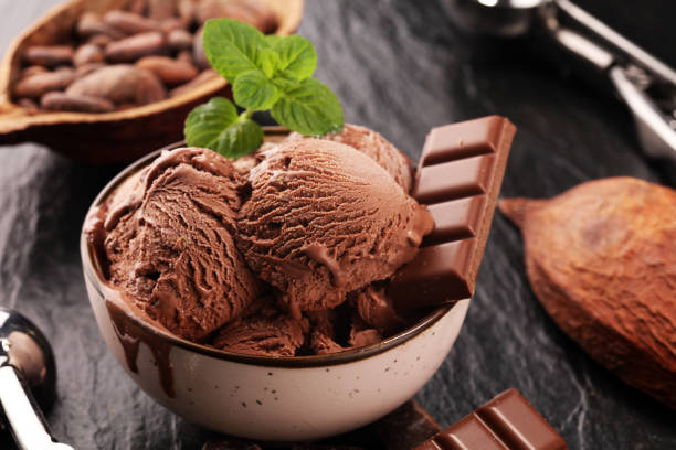 ボウルにチョコレートコーヒーアイスクリームボール。アイスクリームスクープ