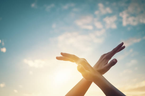 istock Woman hand sharp bird fly on sunset sky and white clouds abstract background. Freedom and summer vacation concept. Vintage tone filter effect color style. 1157504078