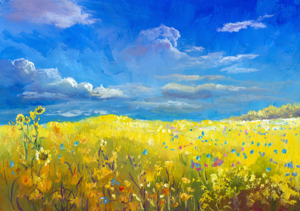 ilustrações de stock, clip art, desenhos animados e ícones de summer meadow, oil painting - sunflower field flower yellow